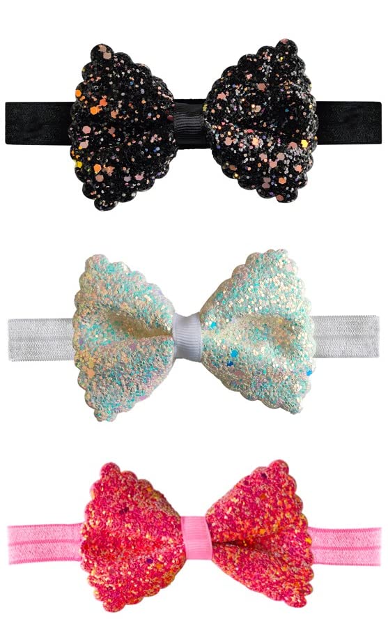 RedChimes Glitter Bow Hair Bands for Baby Girls & Kids – Stylish Hair Accessories (3-Pack, Style-8) – Perfect for Parties, Holidays & Everyday Wear