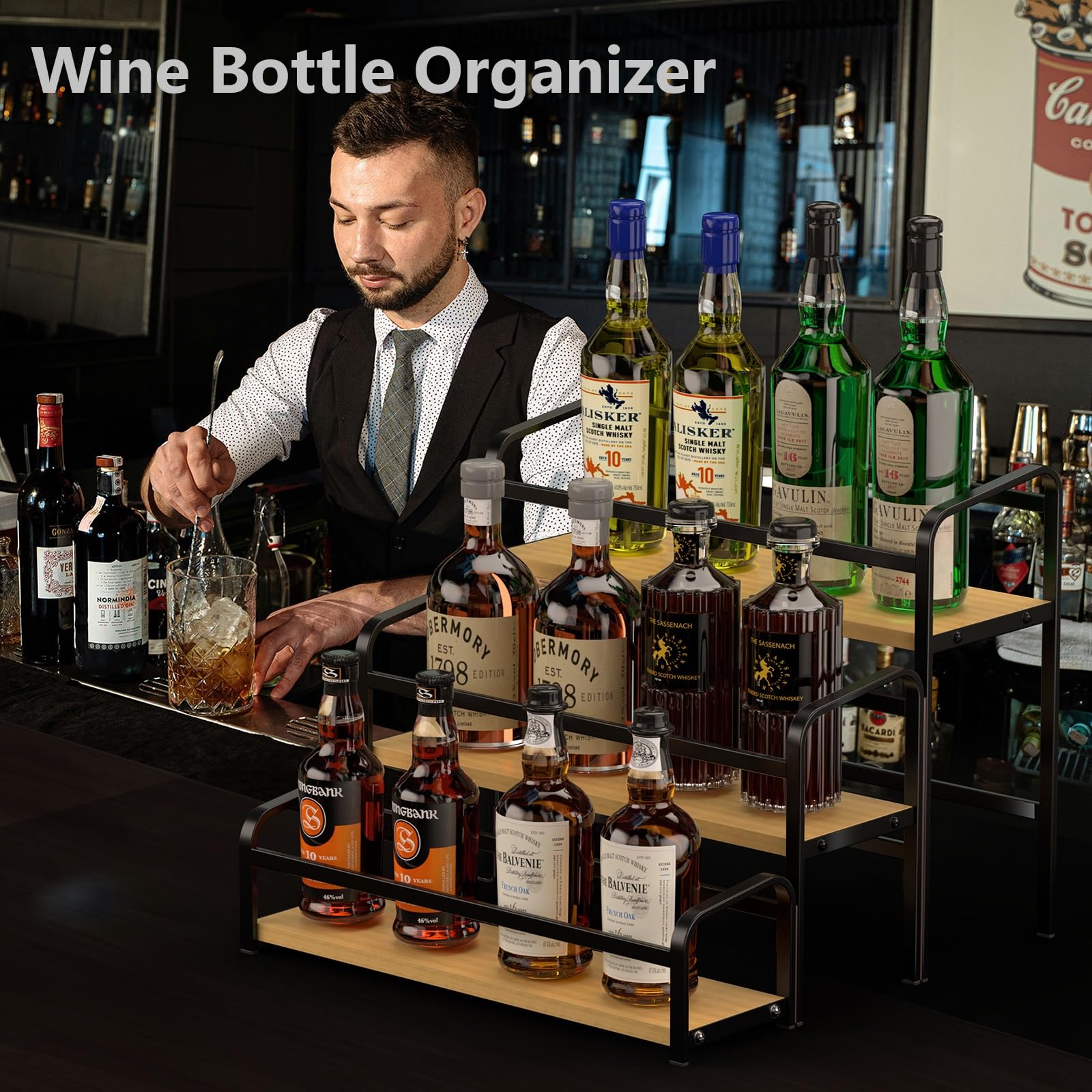 3-Tier Coffee Syrup Organizer Rack - 12 Bottle Capacity for Coffee Bar & Kitchen Countertop | Free Installation, Space-Saving Design | Perfect for Coffee Shops, Home Bars & Spice Storage (Black)
