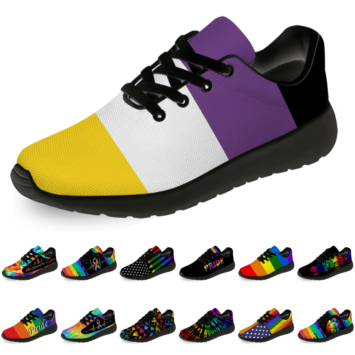 Unisex LGBTQ+ Pride Running Shoes - Nonbinary Flag Design - Comfortable Walking & Tennis Sneakers for Men, Women & Nonbinary - Size 12 Men/15 Women - Black - Perfect for Pride Events, Daily Wear & Supportive Gifts