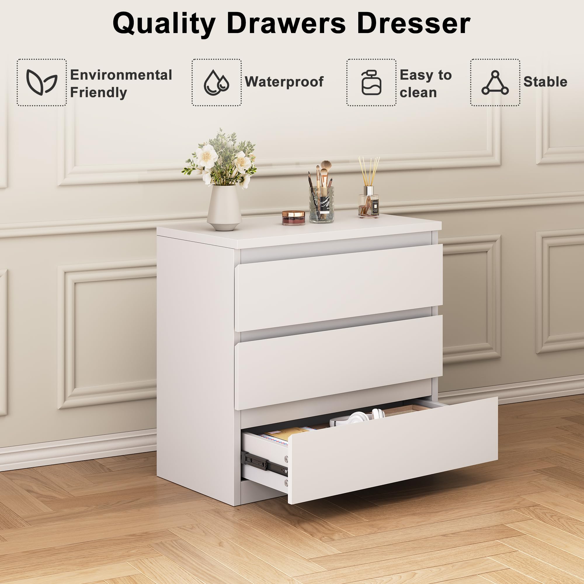 Modern White 3-Drawer Wooden Dresser for Bedroom - Simple Chest of Drawers with Deep Storage - Perfect Nightstand & Entryway Furniture for Living Room, Hallway, or Bedside Organization