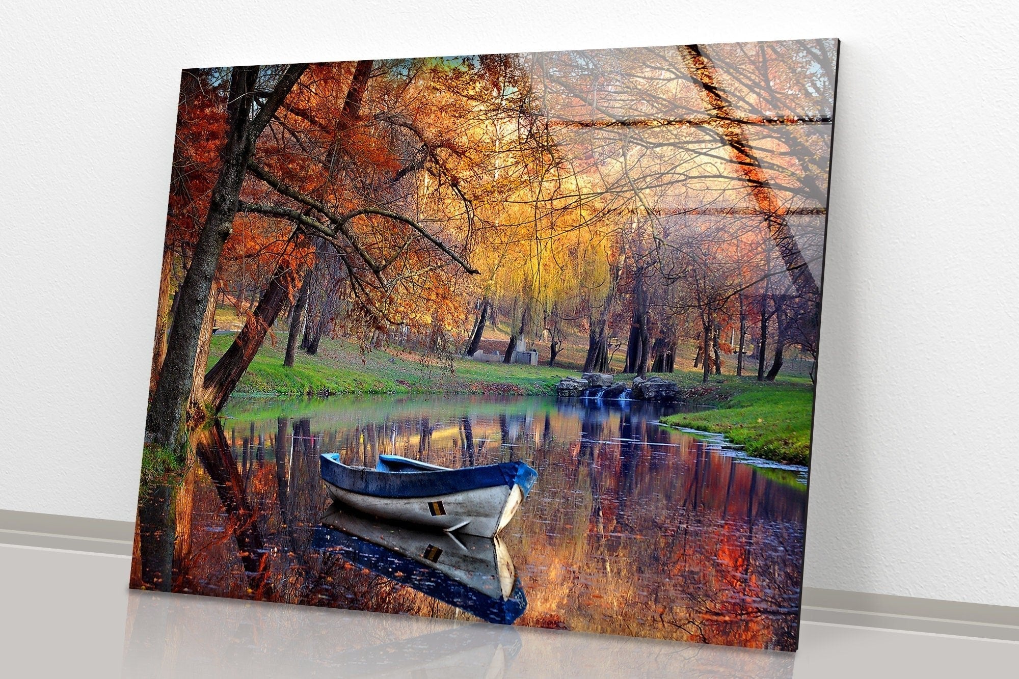 Autumn & Boat Landscape Glass Wall Art - Stunning Nature Scene for Home & Office Decor - Perfect for Living Room, Bedroom, or Office Wall