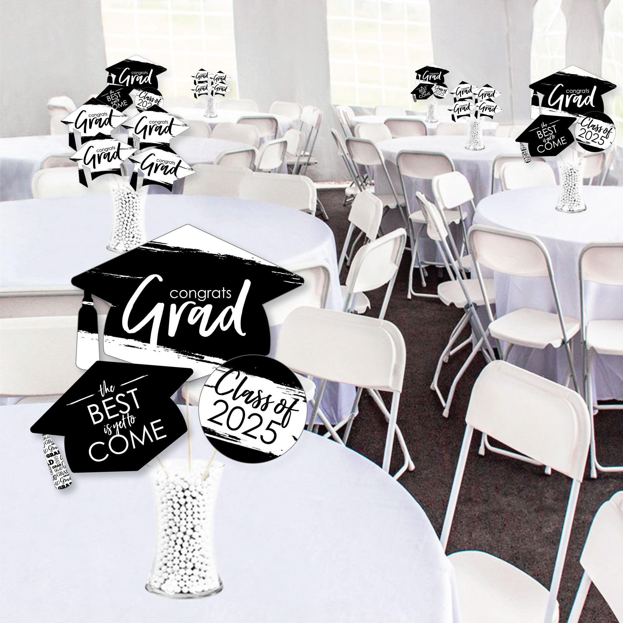 Big Dot of Happiness 2025 Black and White Graduation Party Centerpiece Sticks - 35 Pack Elegant Table Decorations for Graduation Ceremony, Party Decor & Photo Booth Backdrops