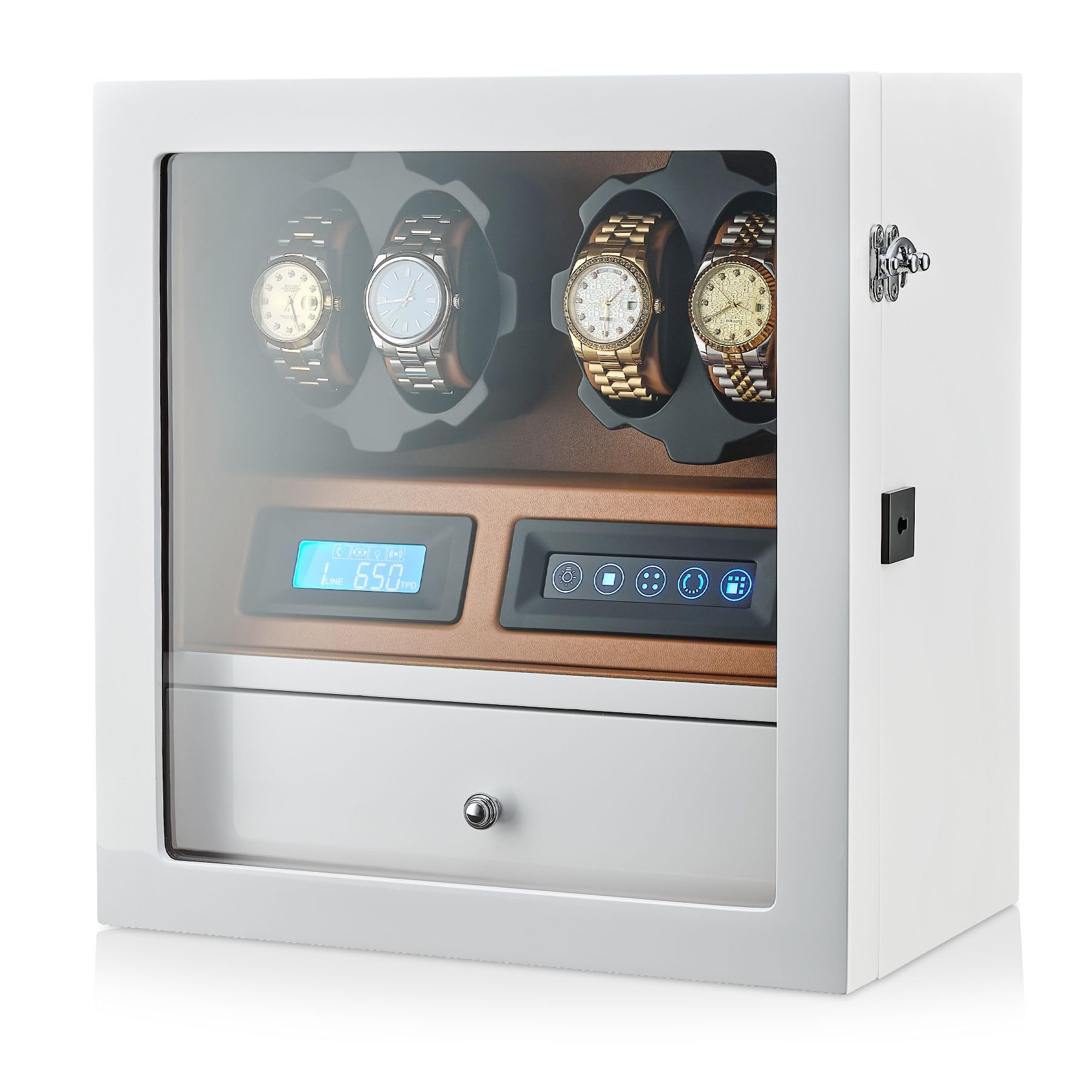 4 Watch Winder with 5 Watch Storage - LCD Display, Touch Control & LED Interior Light - Automatic Watch Winder for Rolex, Omega & Luxury Watches - Perfect for Home, Office & Travel Use