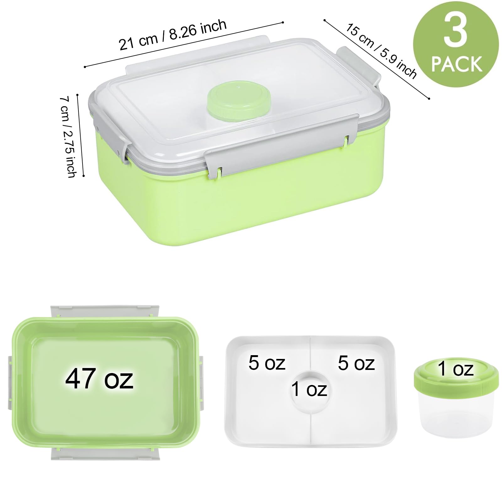 3 Pack 47oz Bento Box with Lids - Reusable Microwave Safe Salad & Meal Prep Containers for Kids & Adults | Includes Removable Tray & Dressing Pots | Perfect for Office Lunch, Picnics & Healthy Eating On-The-Go