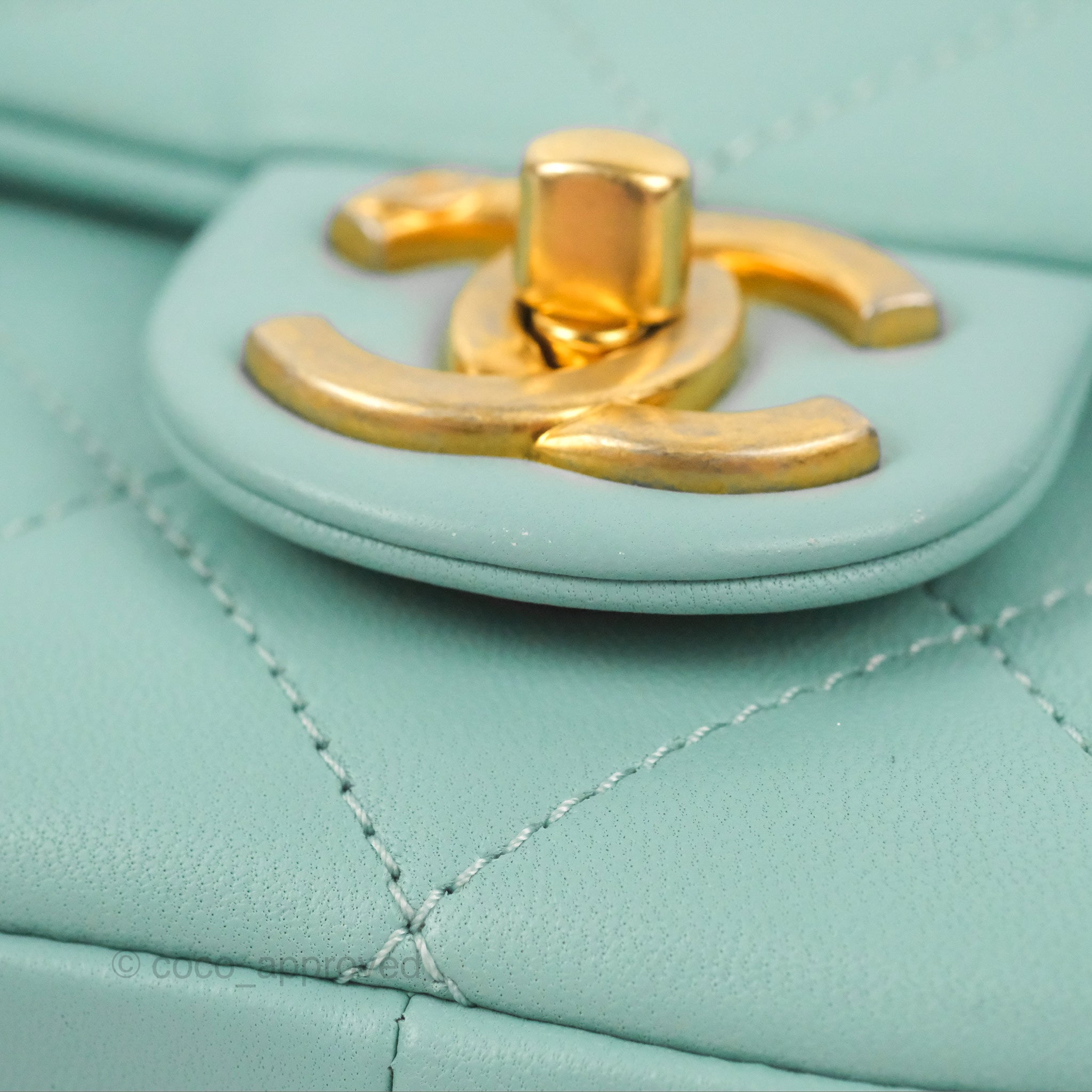 Chanel Tiffany Blue Lambskin Circular Handle Square Flap Bag with Aged Gold Hardware - Luxury Crossbody Bag for Women, Perfect for Parties & Evening Events
