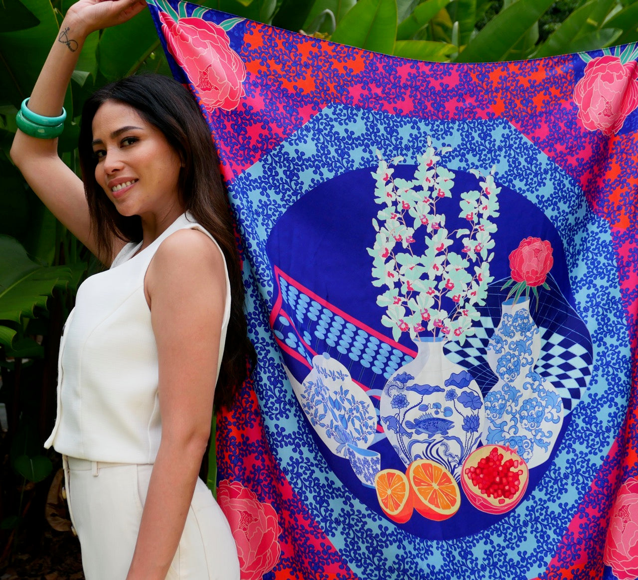 Luxury Chinoserie Silk Scarf - Premium 100% Mulberry Silk Fashion Accessory for Women - Perfect for Elegant Occasions, Weddings & Gift Giving