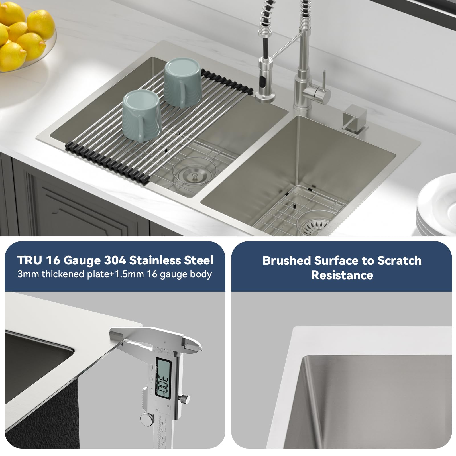 Lordear 33-inch Double Bowl Topmount Kitchen Sink - 60/40 Split 16 Gauge Stainless Steel Drop-In Sink, Handmade Over Counter Sink (33