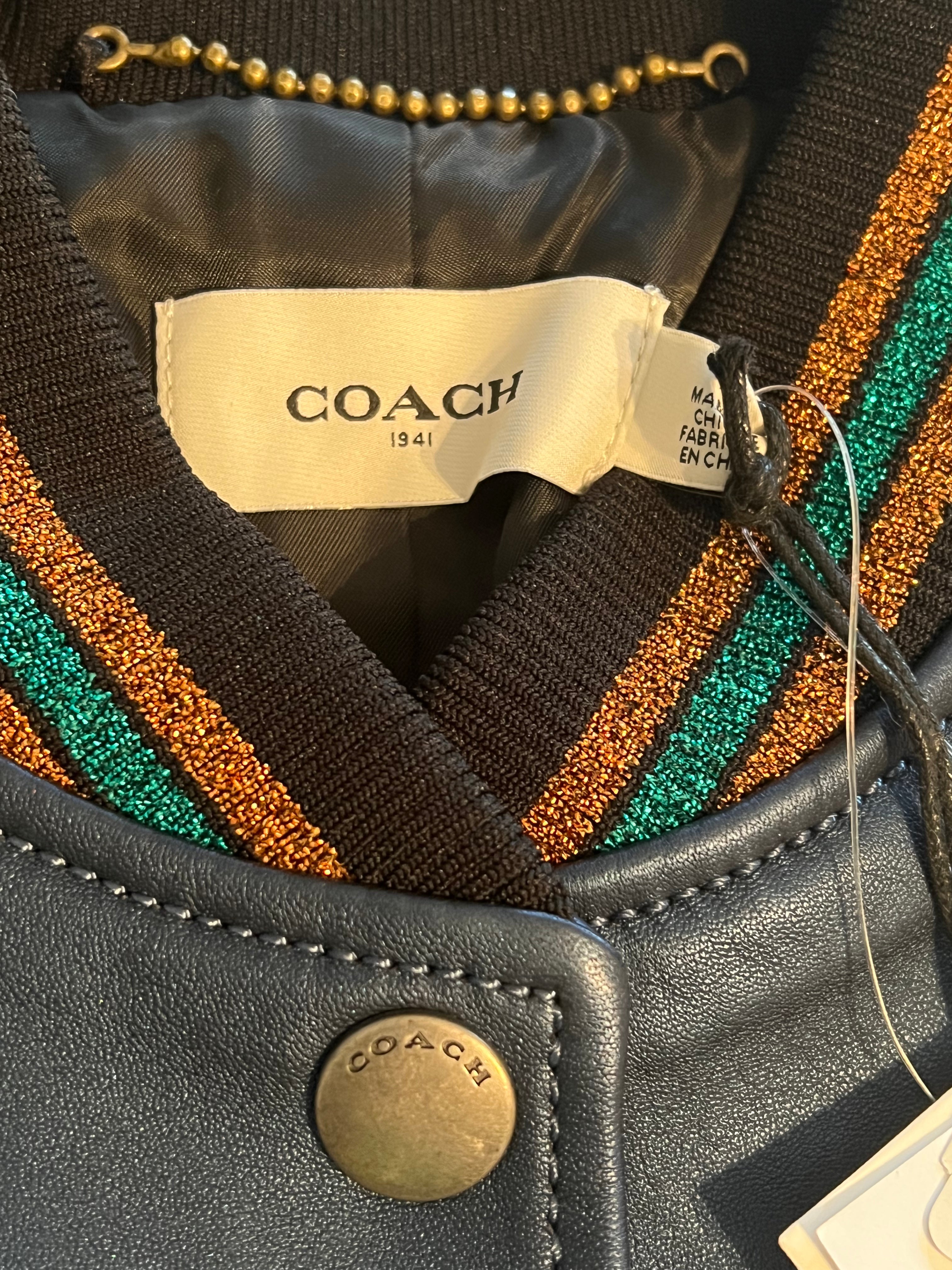 Coach Size 2 Metallic Leather Cadet Blue Varsity Jacket - Stylish Shrunken Leather Embellished Outerwear for Women | Perfect for Casual Wear, Date Nights & Fall Fashion