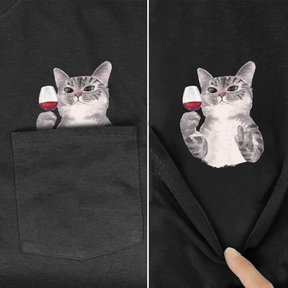 Funny Animal Print T-Shirt - Cat Stickers & Pocket Design - Men's & Women's Fashion Cotton Tee for Summer | Casual Wear, Hip Hop Style, Gift Idea