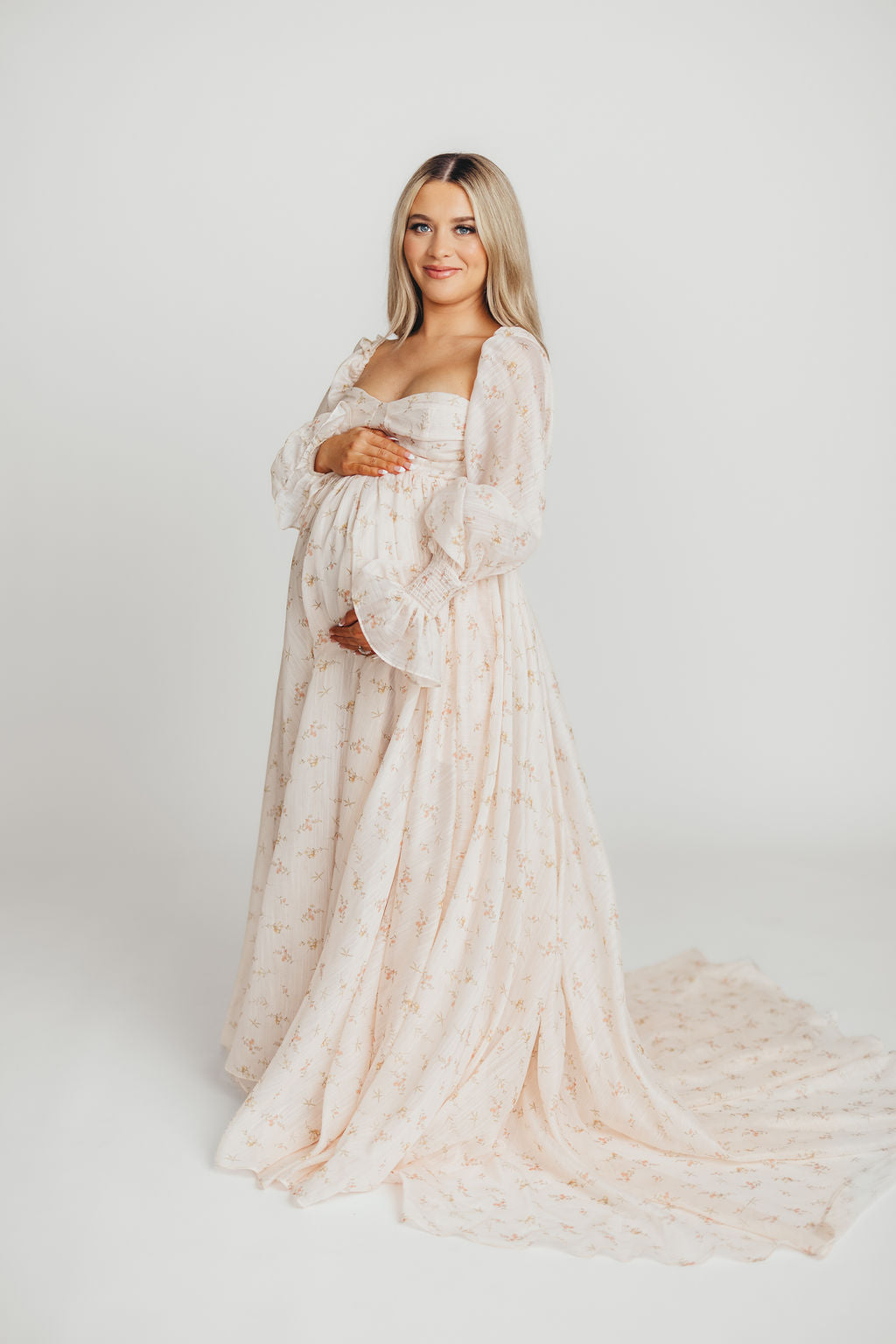 Delilah Maxi Dress with Train in Peach - Bump Friendly Maternity Dress (XS-3XL) for Weddings, Parties & Special Occasions