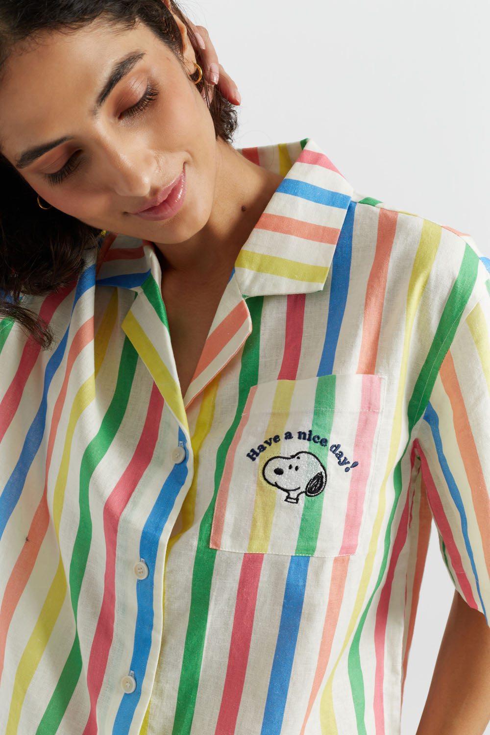 Stylish Snoopy Striped Shirt for Men & Women - 100% Cotton Linen Blend Casual Top - Perfect for Summer Outfits, Beach Vacations, and Everyday Wear