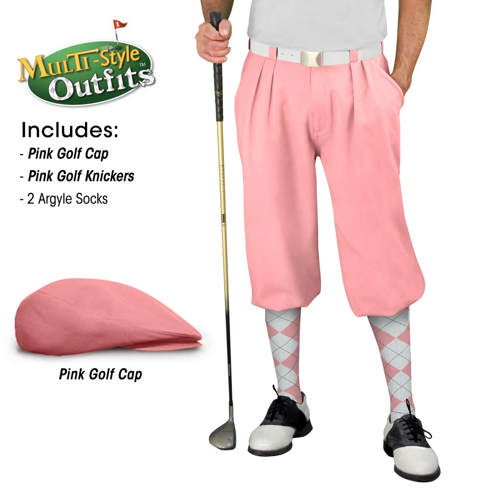 Men's Stylish Pink Golf Outfit Set - Matching Knickers, Cap & 2 Over-The-Calf Socks for Comfortable Golfing & Casual Wear