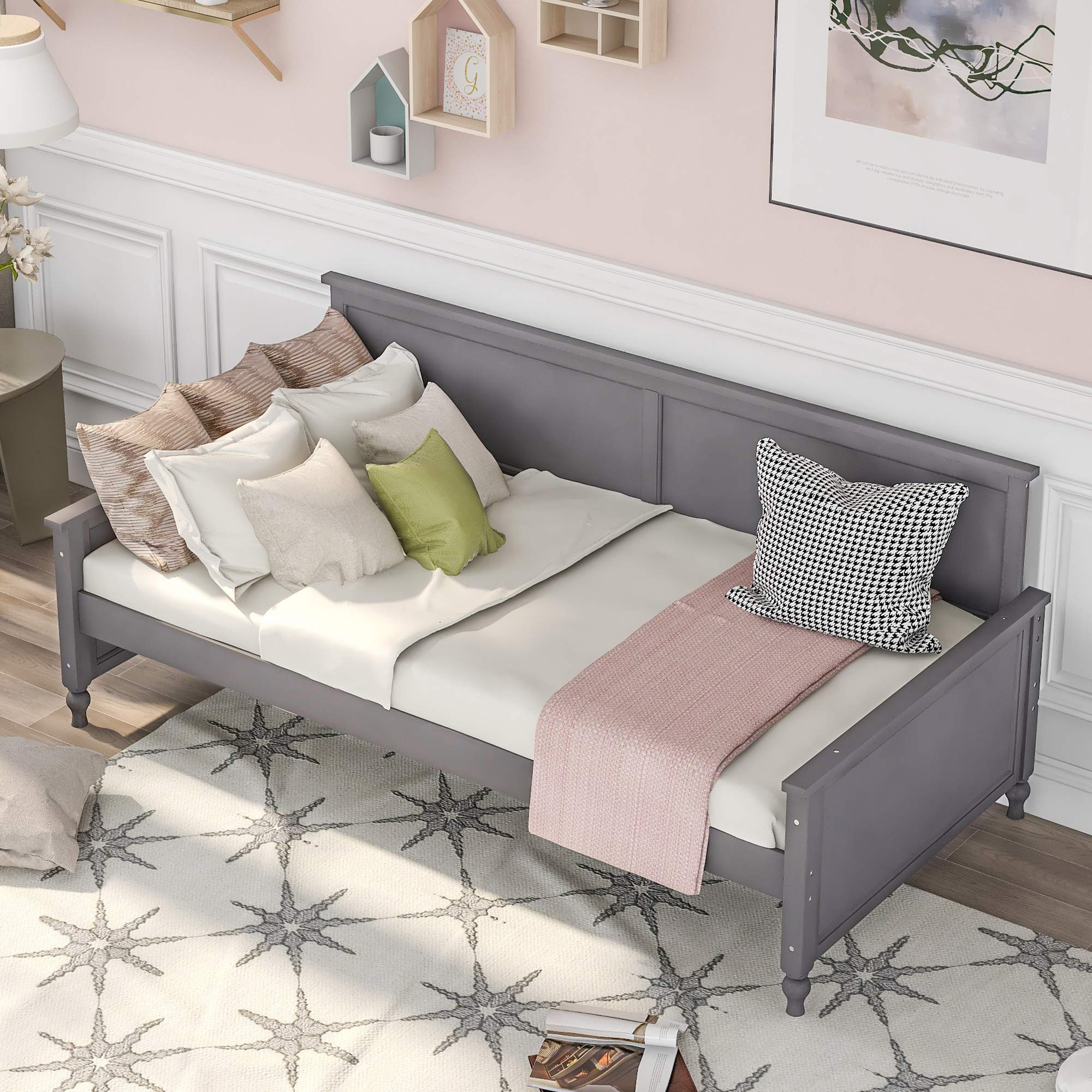 **Solid Wood Twin Daybed with Bulb-Shaped Feet - Sturdy Sleeper Bed Frame for Living Room or Bedroom - Simple & Durable Gray Furniture - Perfect for Guest Rooms, Small Spaces & Cozy Napping**