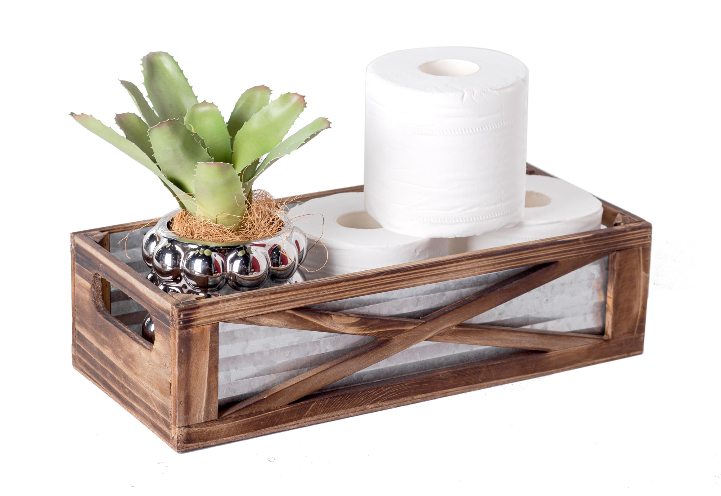 Rustic Wooden Toilet Tank Basket - Farmhouse Bathroom Decor Organizer with Barn Door Design | Decorative Storage Box for Toilet Paper & Bath Essentials | Perfect for Country, Vintage, or Farmhouse Style Bathrooms (Brown)