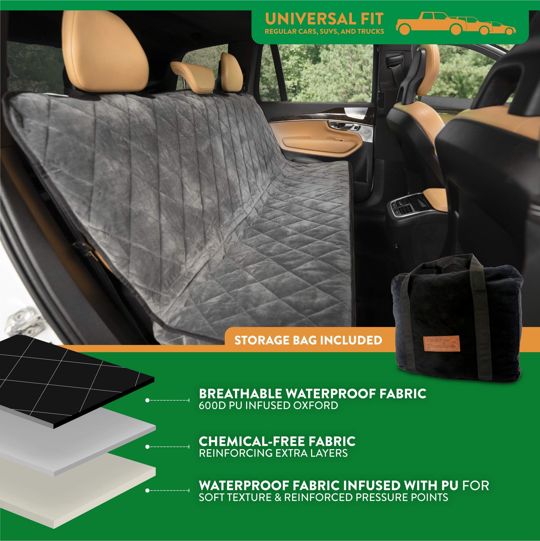 Plush Paws Velvet Rear Car Seat Protector - Washable & Waterproof Dog Seat Cover for Cars, Trucks & SUVs | Non-Slip, Tear-Resistant Pet Protection | X-Large London Grey | Perfect for Road Trips & Daily Commutes with Pets