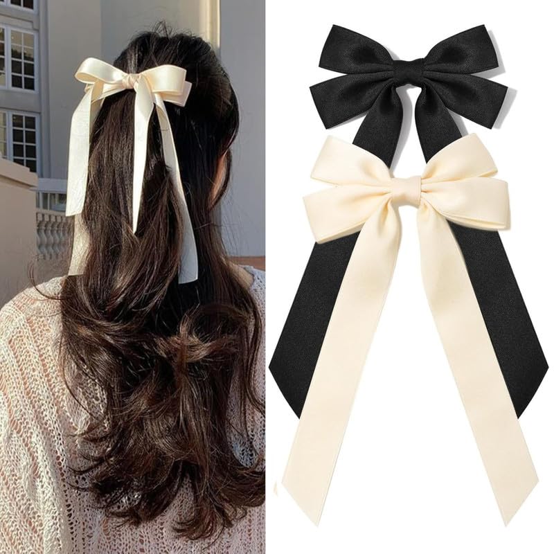 RECTYO GALLERY 2PCS Premium Silk Satin Hair Ribbon Clips with Elegant Bows - Black & Beige Hair Accessories for Women, Girls, Teens & Kids | Perfect for Weddings, Parties & Daily Styling