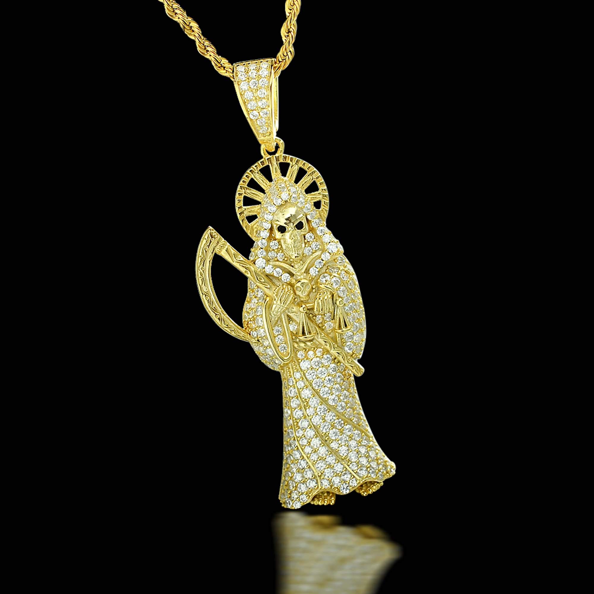 925 Sterling Silver Iced Santa Muerte Pendant Necklace for Men & Women - Italian Finish Stainless Steel Chain with 2mm Rope Design - Gothic Jewelry, Religious Charm, Death Reaper Pendant - Perfect for Gothic Fashion, Religious Occasions and Unique Gift Giving