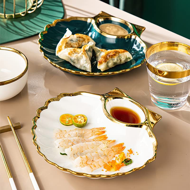 Eco-Friendly Gold Rim Ceramic Dinner Plate Set - 10.5 Inch Shell Design for Breakfast, Snacks, Dumplings, Salad, Noodles & Soup - Includes Chopsticks - Perfect for Home Dining, Restaurants & Parties (White)