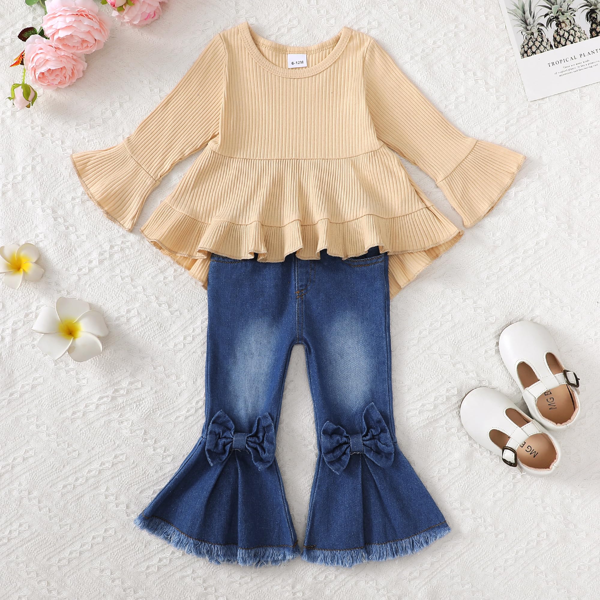 Cute Toddler Baby Girls Outfit - Long Sleeve Shirt & Flare Denim Jeans Set for Fall Winter | Casual Playdate & Family Photo Outfits
