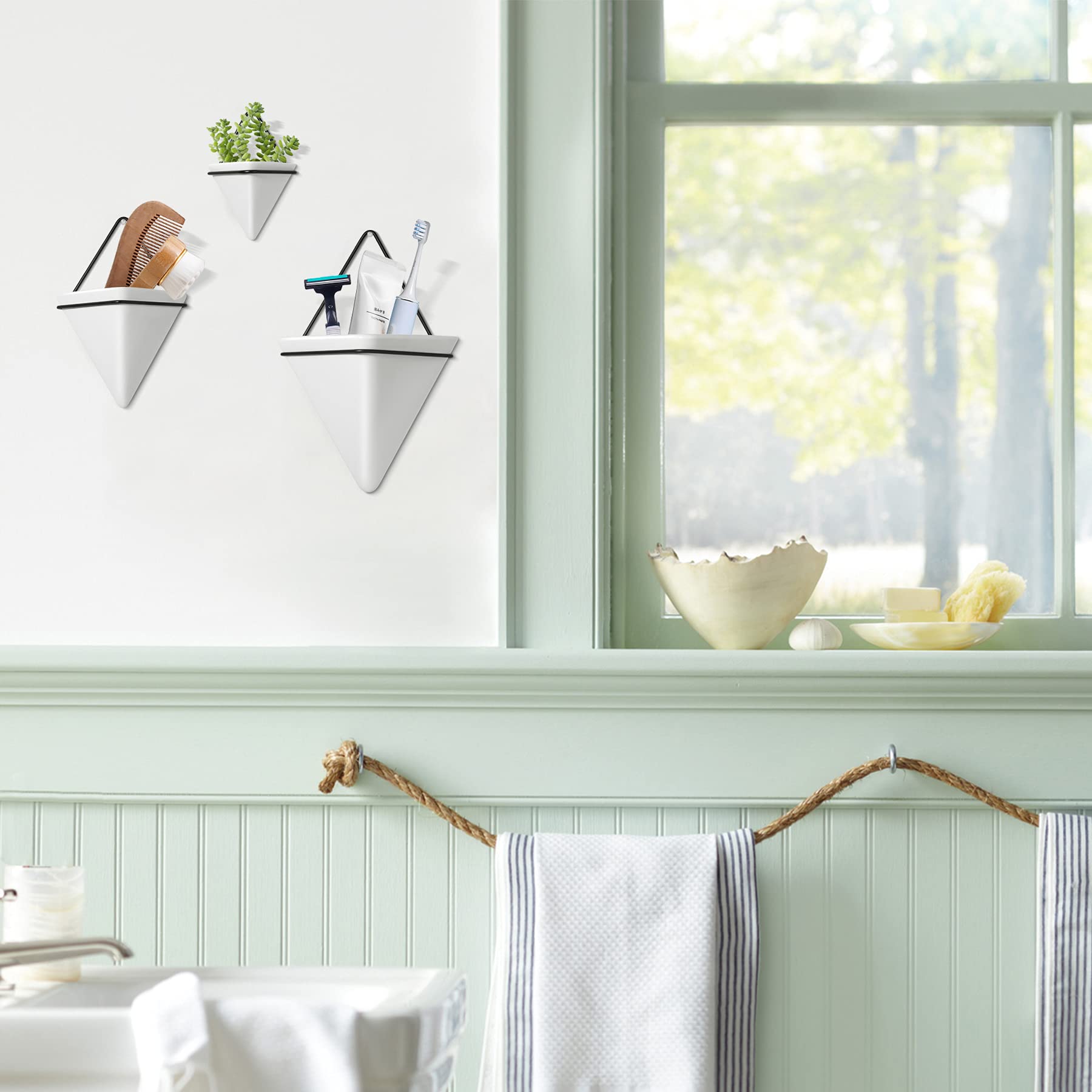 T4U Set of 2 White Ceramic Triangle Wall Planters - Modern Geometric Hanging Planters for Succulents, Air Plants, Cactus & Faux Plants | Indoor Home & Office Decor for Living Room, Bedroom, Kitchen & Workspace