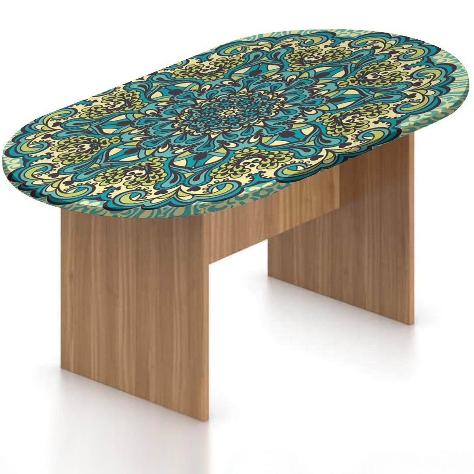 Waterproof Oval Fitted Patio Table Cover - 48x72 Inch Elastic Edge Polyester Tablecloth with Vibrant Mandala Floral Print - Durable Outdoor Dining Table Protector for Garden, Deck & Backyard Parties