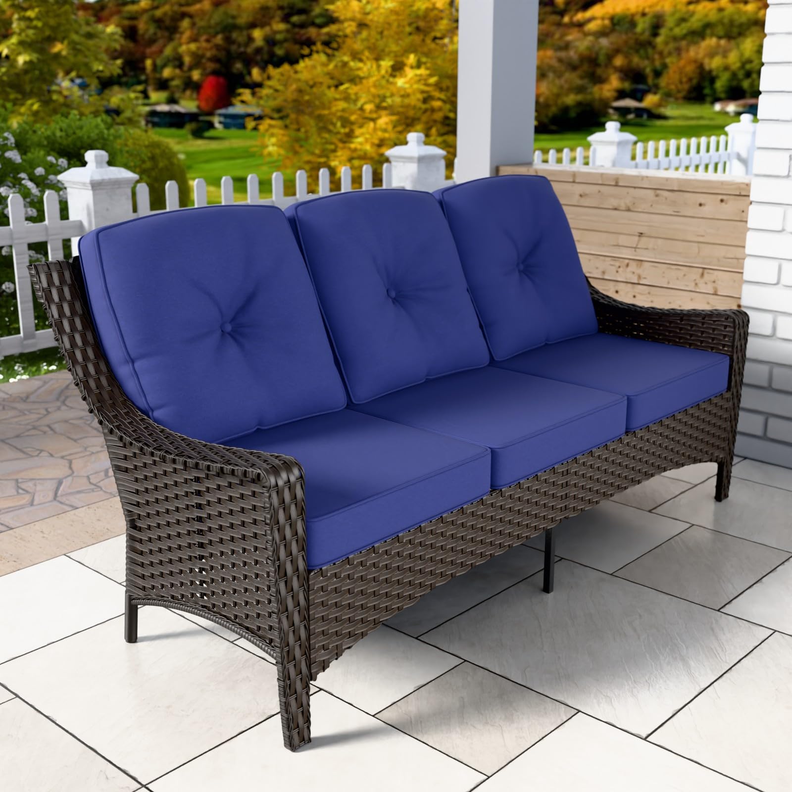 Stone Creek 3-Seater Wicker Patio Sofa Set with Cushions - Outdoor Loveseat Furniture for Backyard, Deck, Porch - Weather-Resistant Brown/Blue Wicker Couch - Perfect for Relaxing, Entertaining & Outdoor Lounging