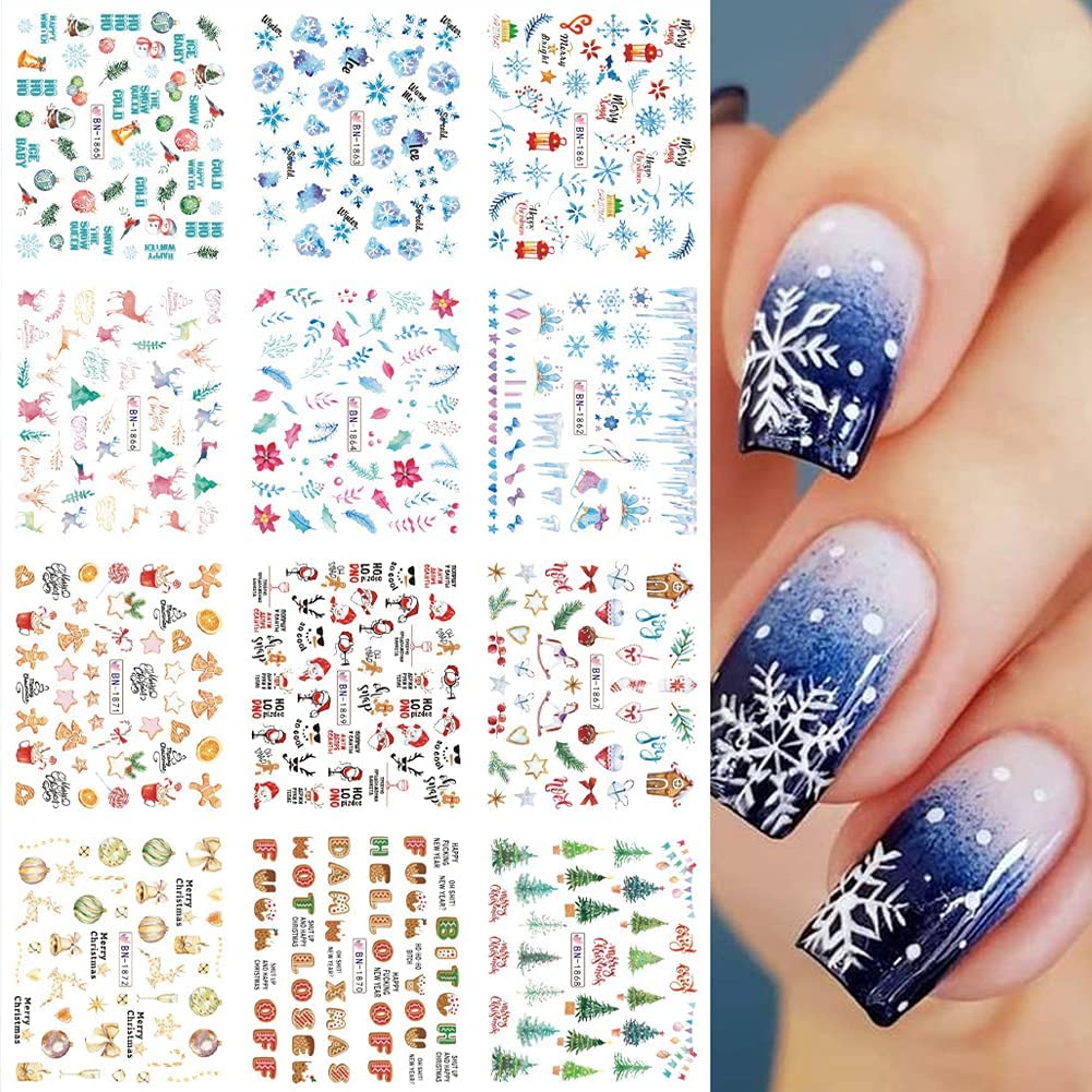 Christmas Nail Art Stickers - 12PC Snowflake & Holiday Water Decals (Santa, Snowman, Bell, Tree, Reindeer) for Women - DIY Acrylic Nail Decorations - Perfect for Christmas Parties, Gift Wrapping & Winter Nail Designs