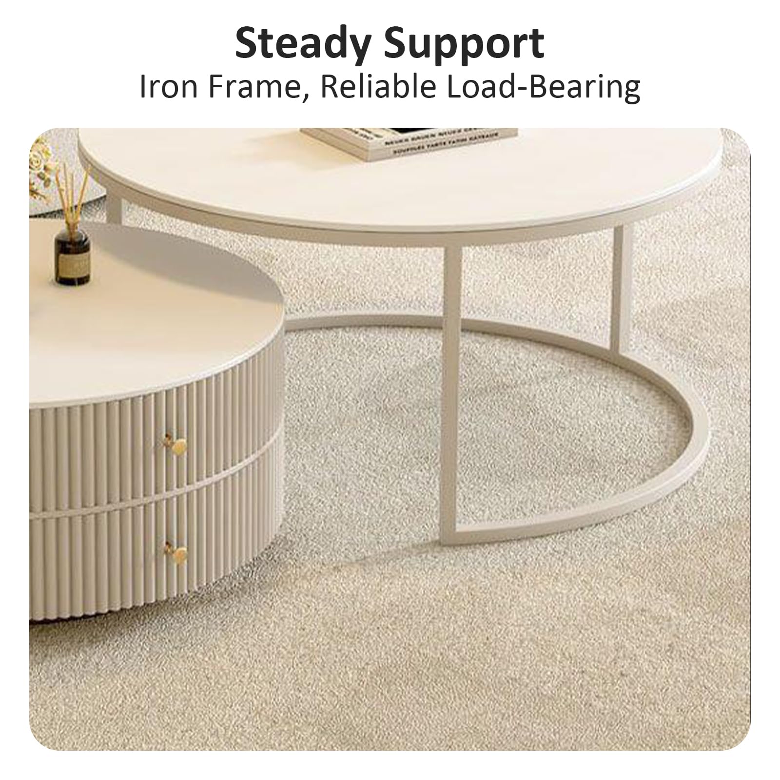 Premium Nesting Coffee Table Set of 2 with Leather Stool - Ivory Wood Circle Embossed Design & 2 Drawers - Round Baking Paint Frame Coffee Table for Living Room, Lounge & Small Spaces