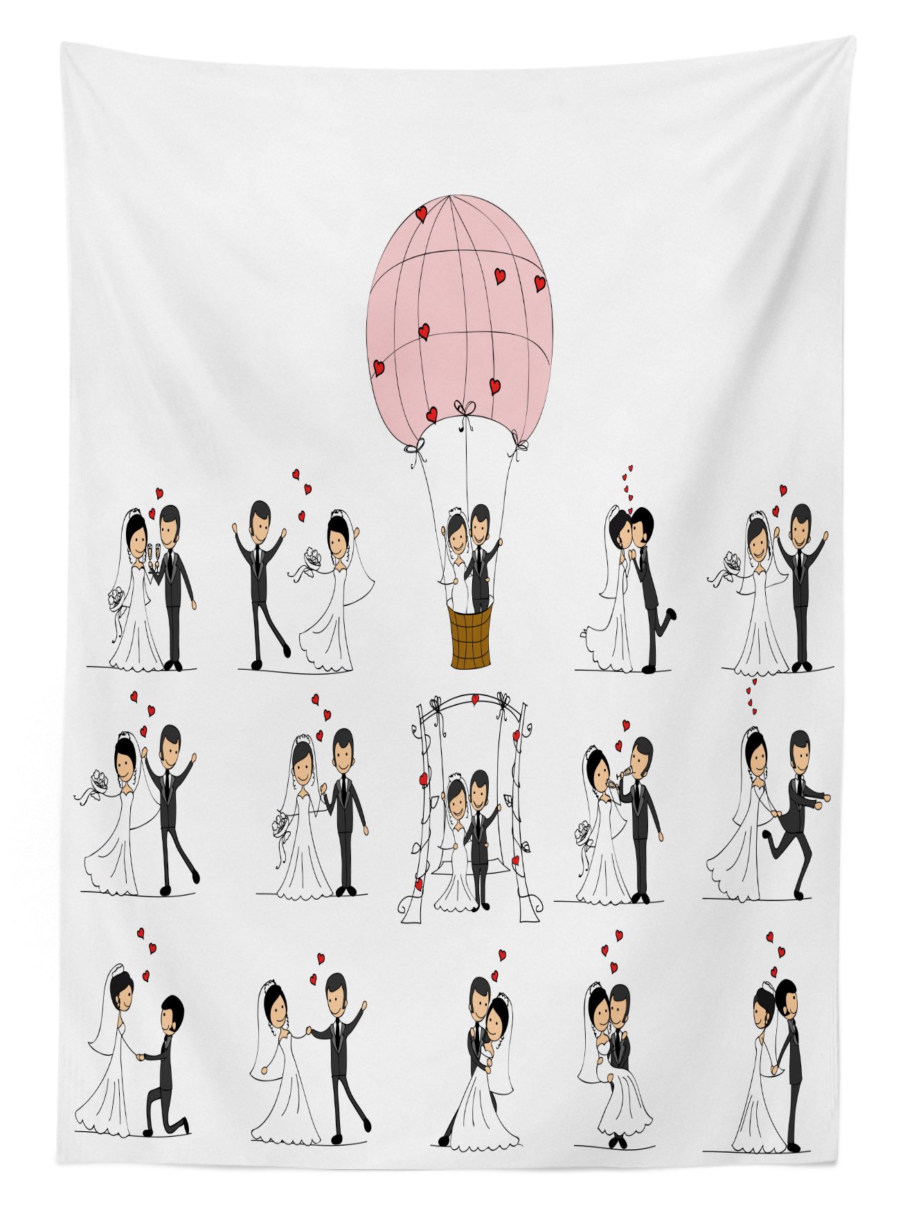 Ambesonne Wedding Tablecloth - Comic Book Style Bride and Groom Design, Washable Outdoor Picnic Table Cover 58x104 Inches, White Black Pink - Perfect for Honeymoon Celebrations, Garden Parties & Romantic Dinners