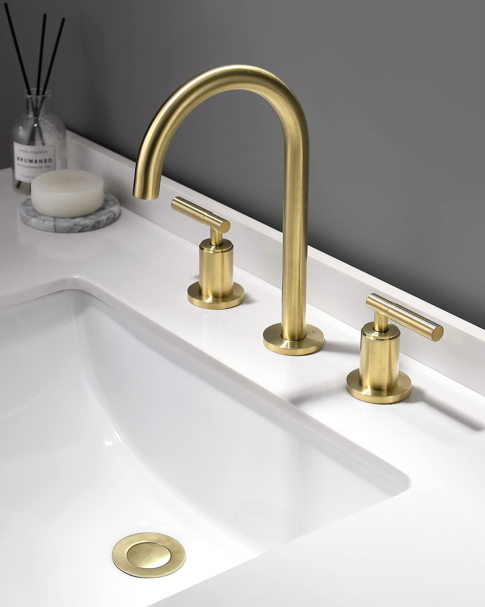 Brushed Gold Bathroom Faucet - Indare 2-Handle Widespread Sink Faucet with 360° Swivel Spout, 4-8 Inch Centerset, Brass Construction, Includes Pop-Up Drain & Water Supply Lines - Perfect for Modern Bathroom Vanities and Powder Rooms
