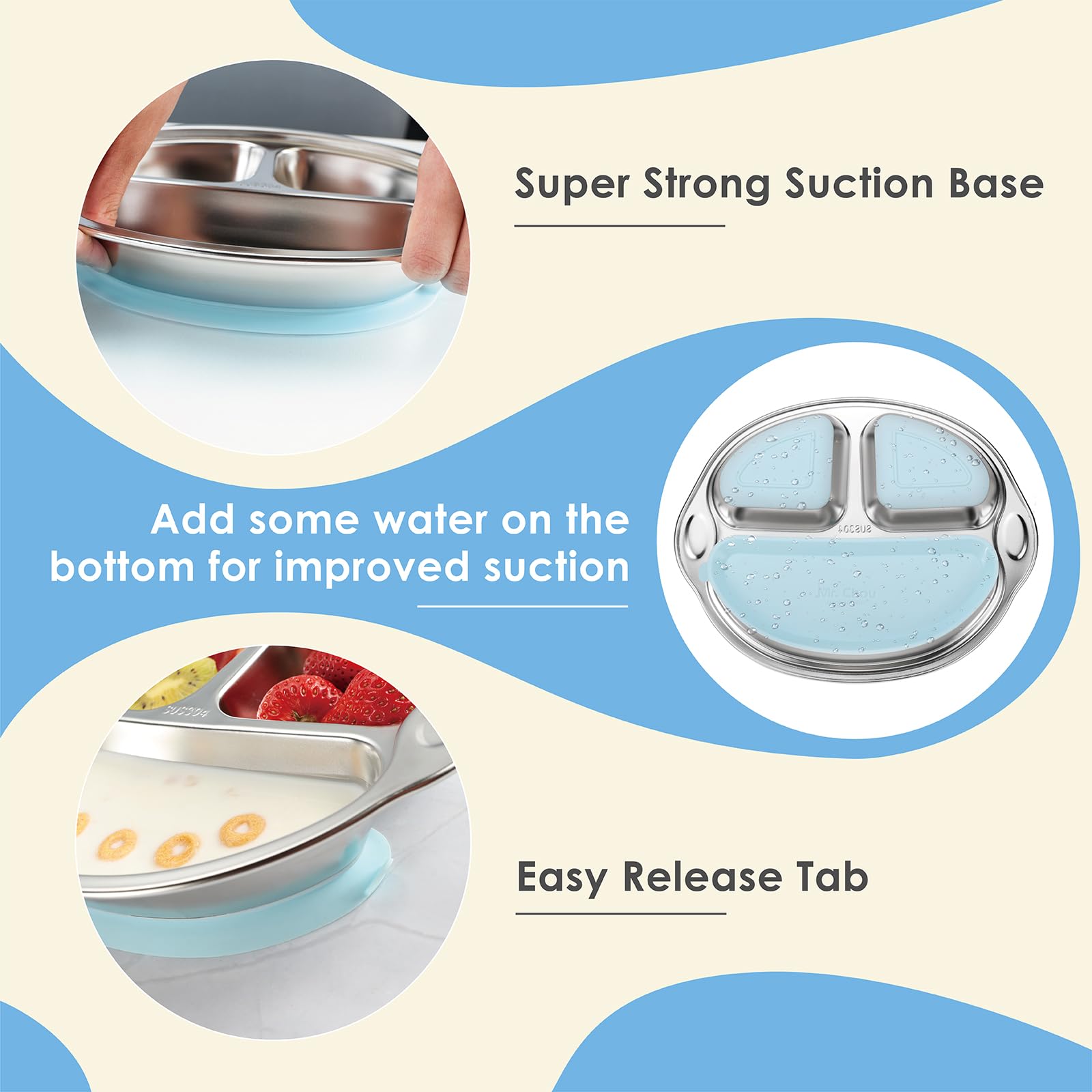 MR. CHOU Stainless Steel Baby Suction Plates - 3 Divided Toddler Plates for Baby Led Weaning | 100% Food Grade, BPA Free, Dishwasher Safe | Non-Slip Suction Base for High Chair & Travel | Perfect for Home, Daycare & On-the-Go Feeding (Blue)