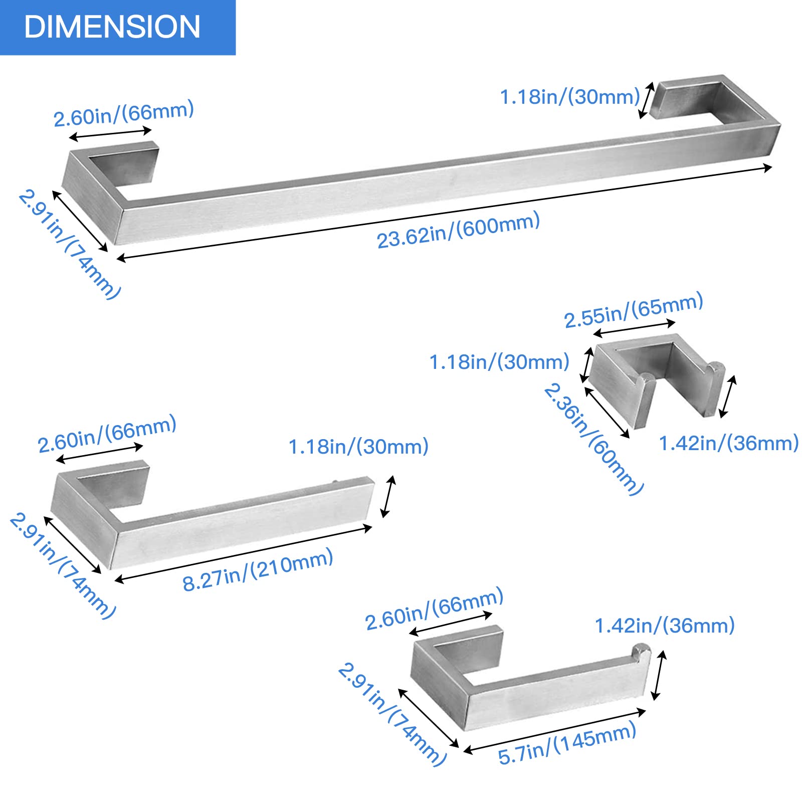 BWE 4-Piece Brushed Nickel Bathroom Hardware Set - 23.6