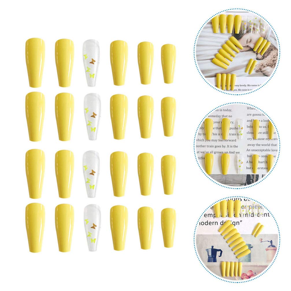 FRCOLOR 24pcs Long False Nails - Butterfly Full Cover Solid Color Nail Tips for Women | Nail Art Accessories for Manicure, Party, Wedding & Daily Wear
