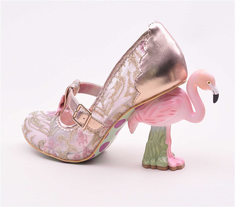 Flamingo High Heel Pumps for Women - Pink Wedding Shoes with Round Toe, Slim Fit & Shallow Flower Print - Sparkly Sequins Bridal Shoes - Perfect for Weddings, Parties & Special Occasions