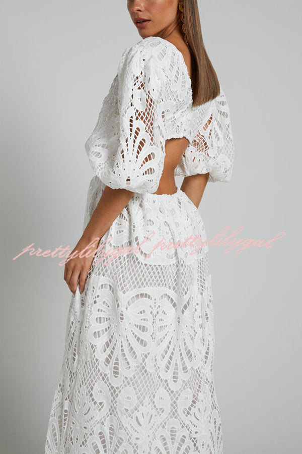 Elegant Solid Color V-Neck Lace Maxi Dress for Women - Sexy Hollow Out Waistless Long Dress for Summer, Beach, Party & Evening Wear