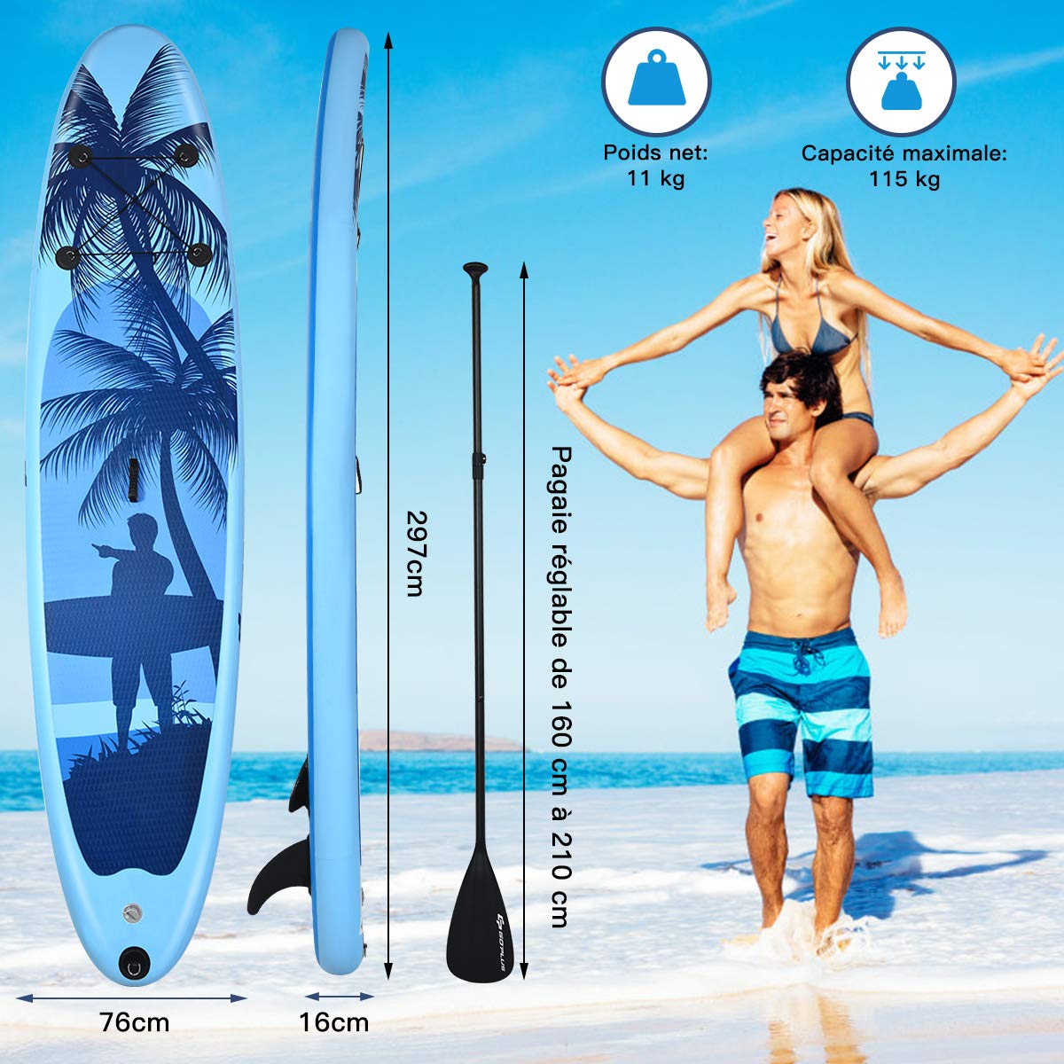 COSTWAY Inflatable Stand Up Paddle Board | 16CM Thick PVC Construction SUP with Complete Accessories Kit | Perfect for Yoga, Fishing & Family Water Sports