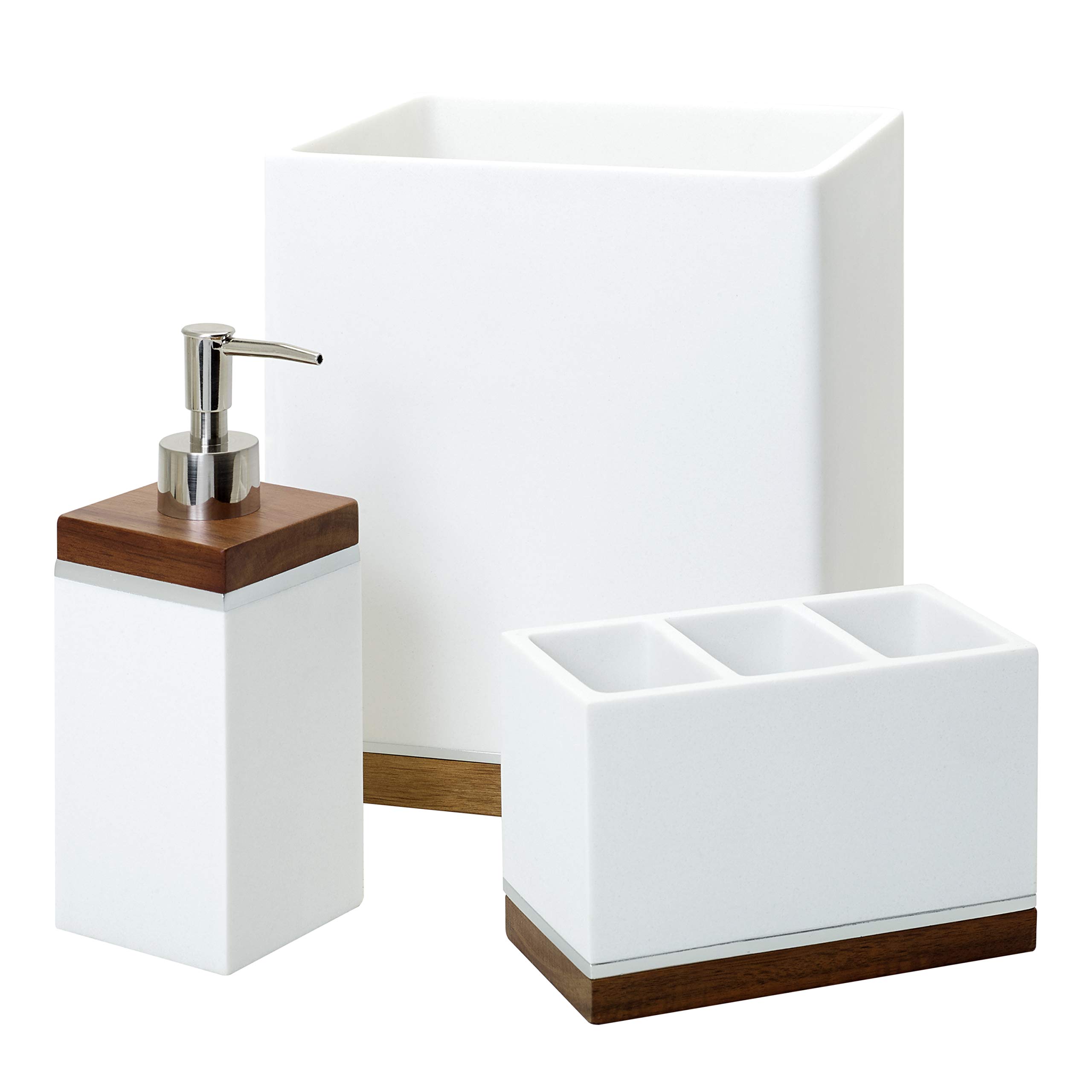 Zenna Home 3-Piece Bathroom Accessory Set - Vanity Organizer, Soap Dispenser & Waste Basket in White with Maple Trim | Modern Bathroom Decor for Home & Guest Bathrooms