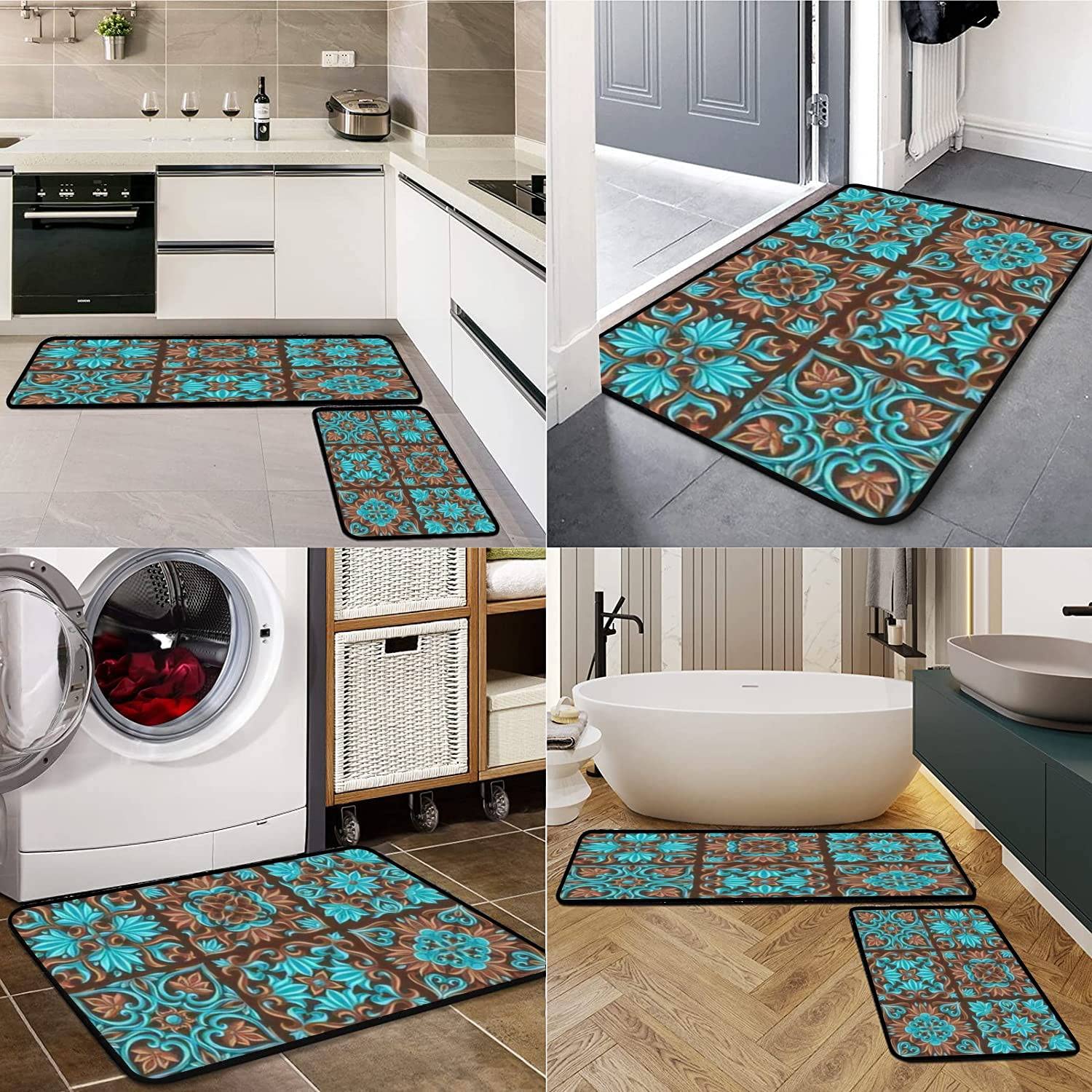Italian Ceramic Tile Kitchen Rugs Set - Non-Slip Washable Floor Mats for Kitchen & Bath Decor