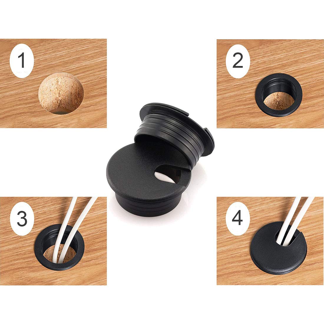 HJ Garden 2-Pack 1.5 Inch Black Plastic Desk Cable Grommet Hole Cover - Wire Cord Organizer for Office PC Desk, Home & Workspace Cable Management