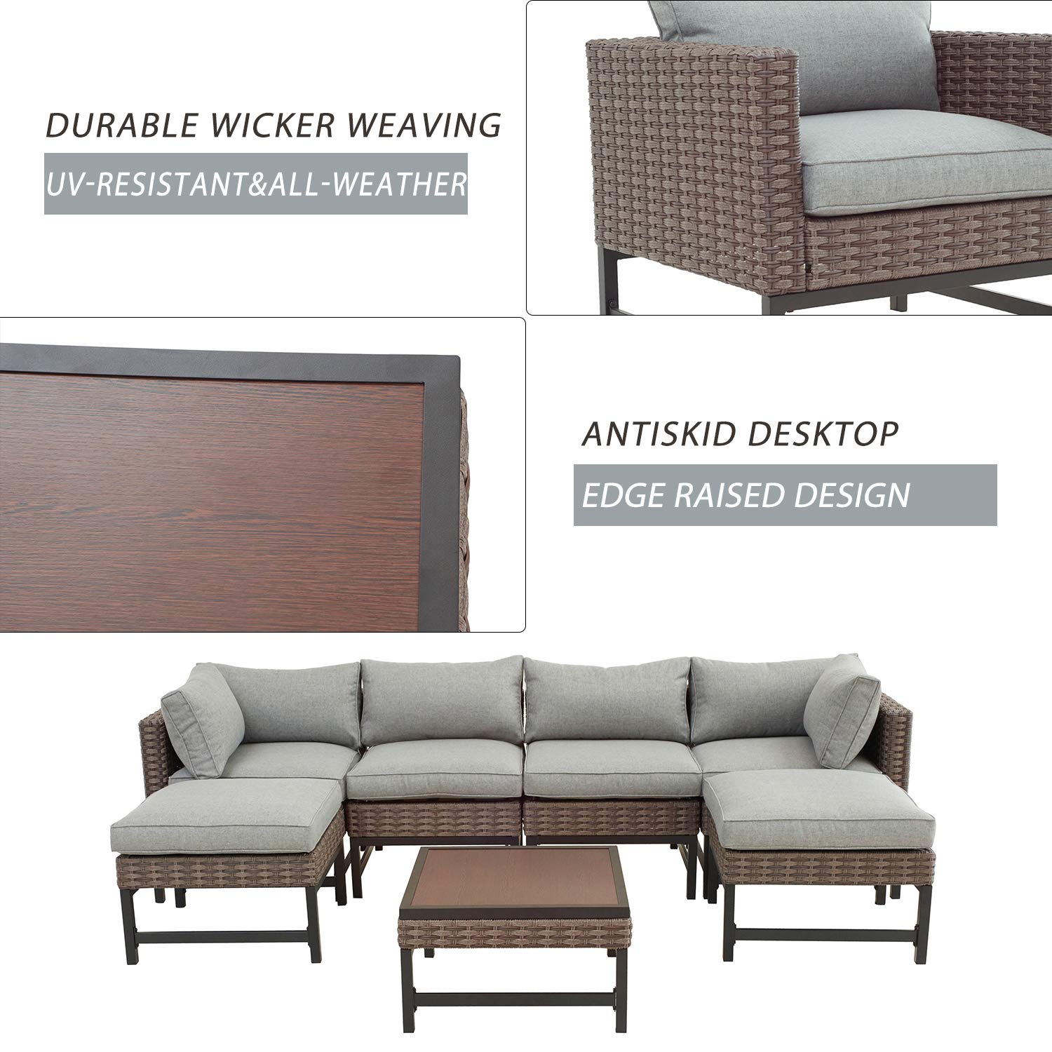 7-Piece Patio Outdoor Furniture Set - Wicker Sectional Sofa with Chairs, Ottoman, Coffee Table & Soft Cushions (Grey) - Perfect for Garden, Poolside & Backyard Relaxation