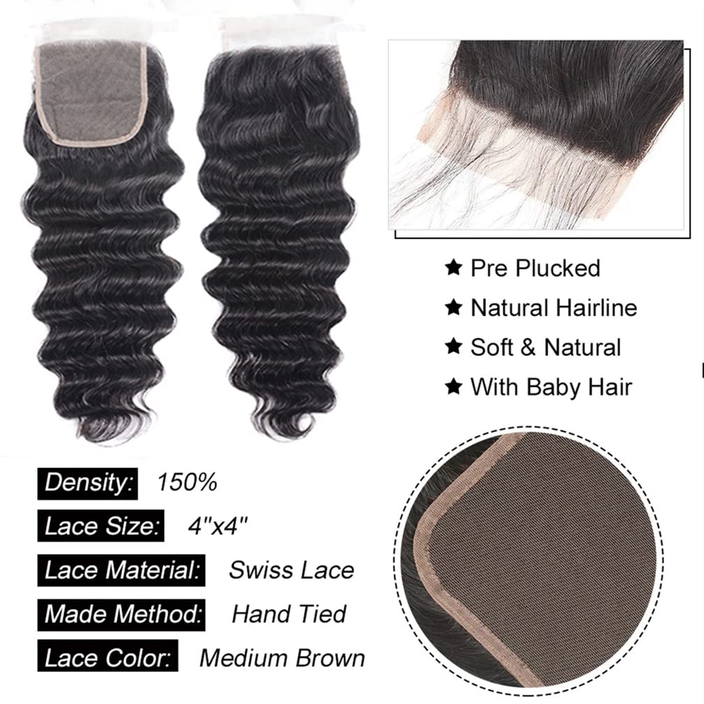Brazilian Deep Wave Human Hair Bundles with 4x4 Lace Closure | 16 18 20 +14 Inch | Unprocessed Wet & Wavy Hair Extensions | Natural Black | Free Part | Perfect for Protective Styles, Weaves & Everyday Glam