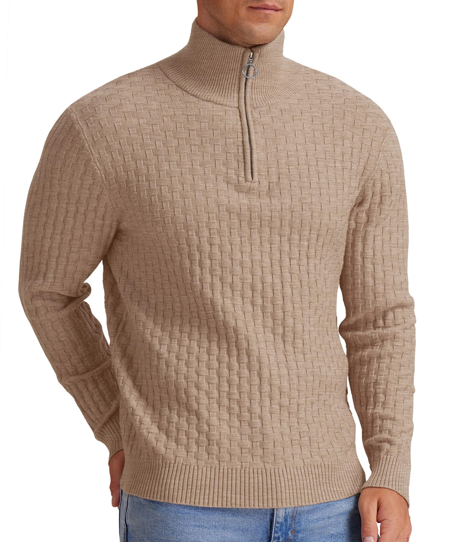 Askdeer Men's Quarter Zip Waffle Knit Pullover Sweater - Mock Neck Ribbed Casual Polo Shirt for Work, Travel & Outdoor Activities