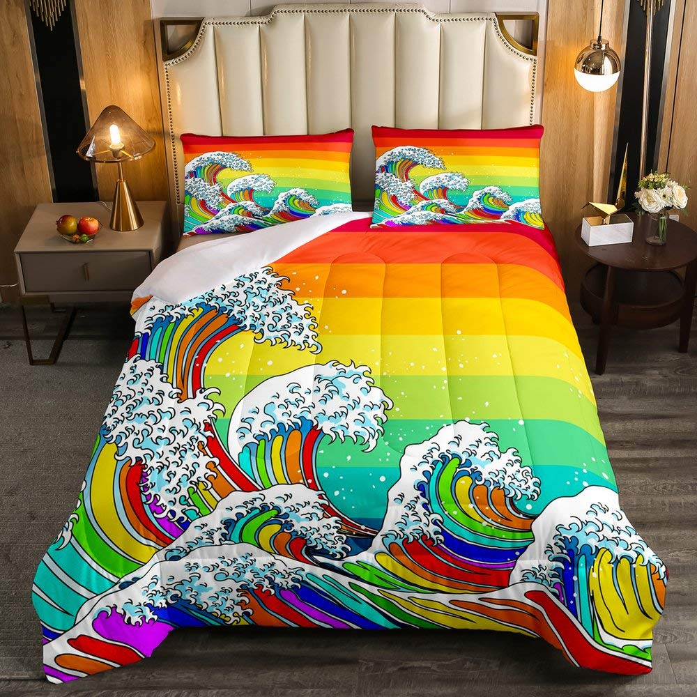 Erosebridal Queen Size Ocean Surfing Comforter Set - Rainbow Iridescent Duvet Cover with Japanese Colorful Design | Perfect for Wedding, Festival, Party Gift & Bedroom Decor | Soft & Stylish Bedding for Coastal, Boho or Modern Home Decor