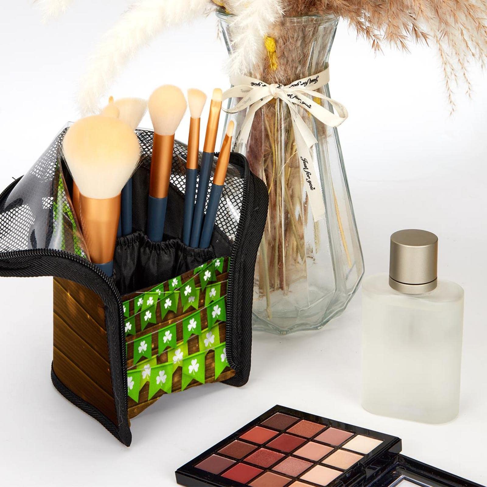 12-Piece Makeup Brush Organizer Bag with Green Festive Clover Design - Portable Travel Cosmetic Brush Holder Case for Professional Makeup Artists & Beauty Enthusiasts - Perfect for Home, Travel & Salon Use