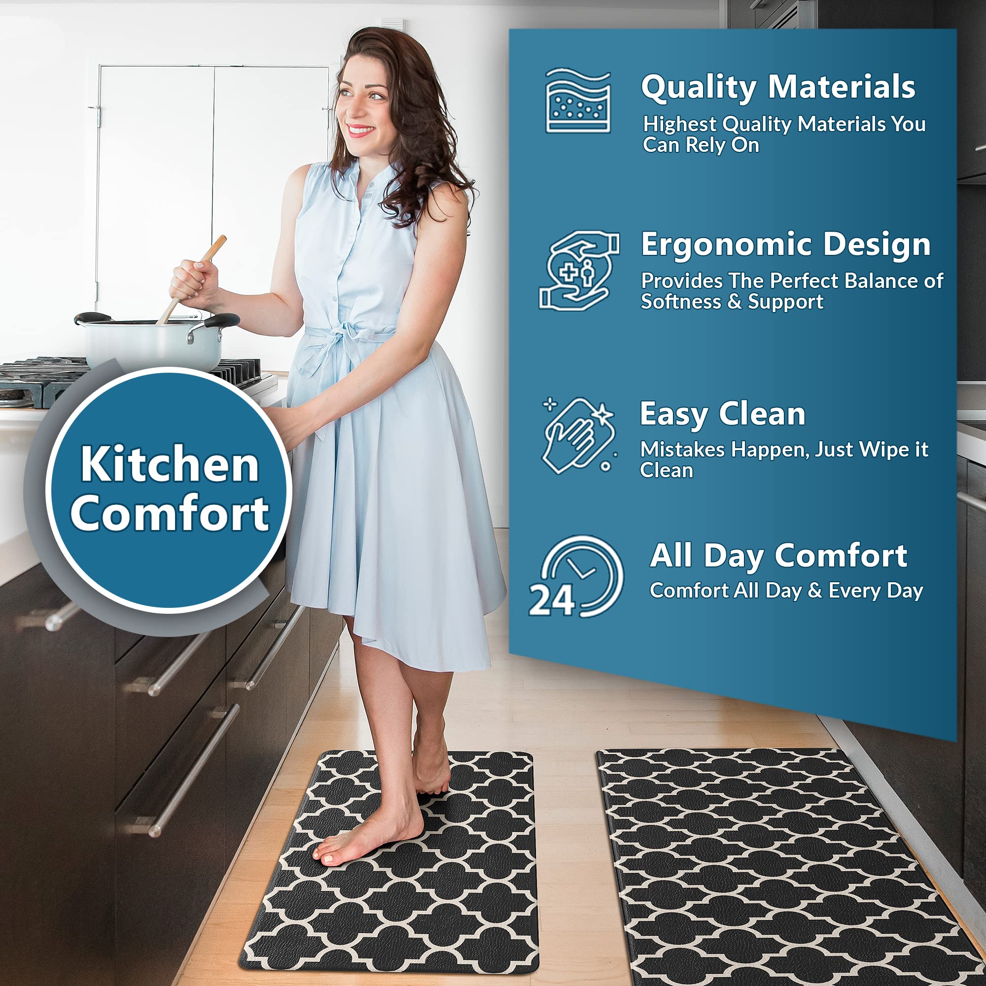 ComfiLife Anti-Fatigue Kitchen Floor Mats (2-Pack) - Thick Cushioned, Waterproof & Non-Slip Standing Mat for Home, Office, Sink & Laundry - Easy to Clean Comfort Rug for Long Standing Hours (Black) - Perfect for Cooking, Dishwashing & Workstation Comfort