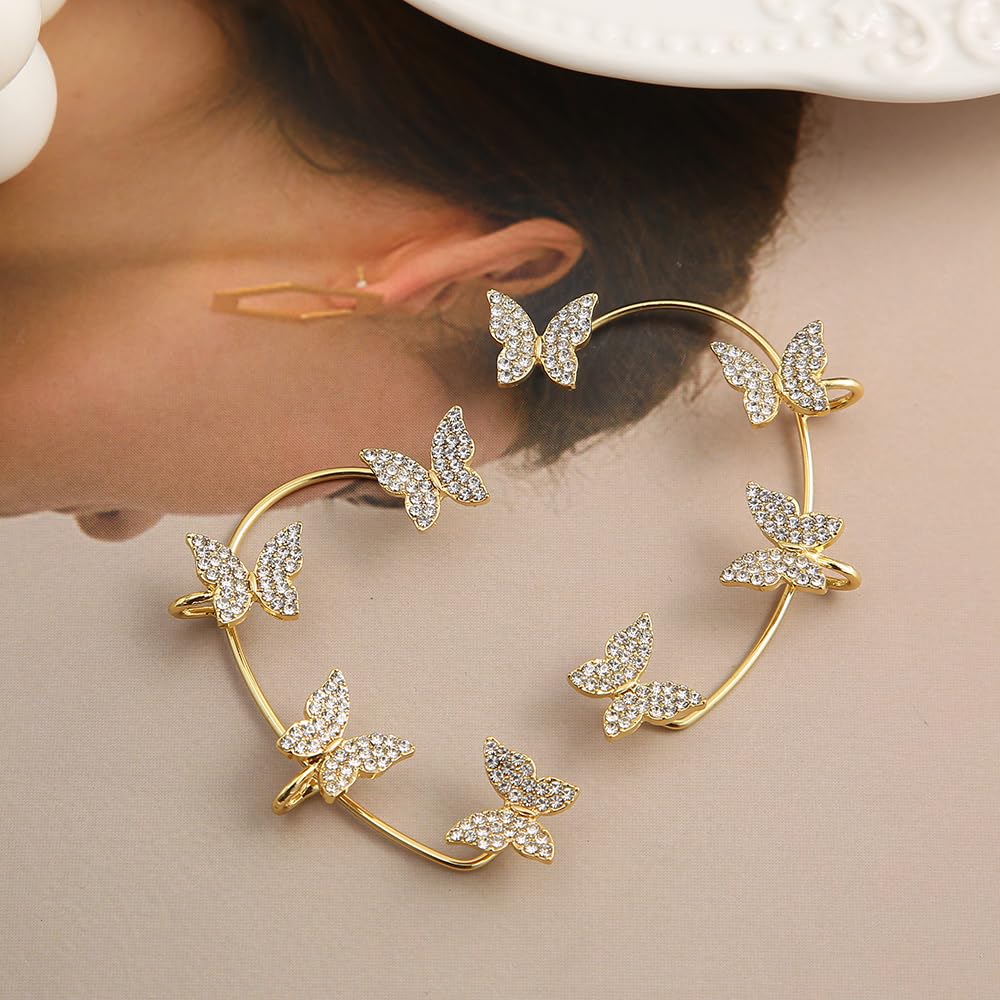 2 Pcs Zircon Butterfly Clip-On Ear Cuffs - No Piercing Rhinestone Ear Wraps for Women & Teens | Stylish Fairy Earrings for Parties, Weddings & Everyday Wear