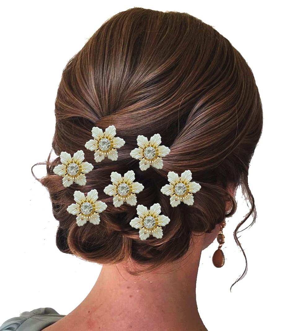 White Flower Hair Pins for Women & Girls - Pack of 8 | Artificial Floral Bridal Hair Accessories | Wedding, Prom & Party Hair Clips