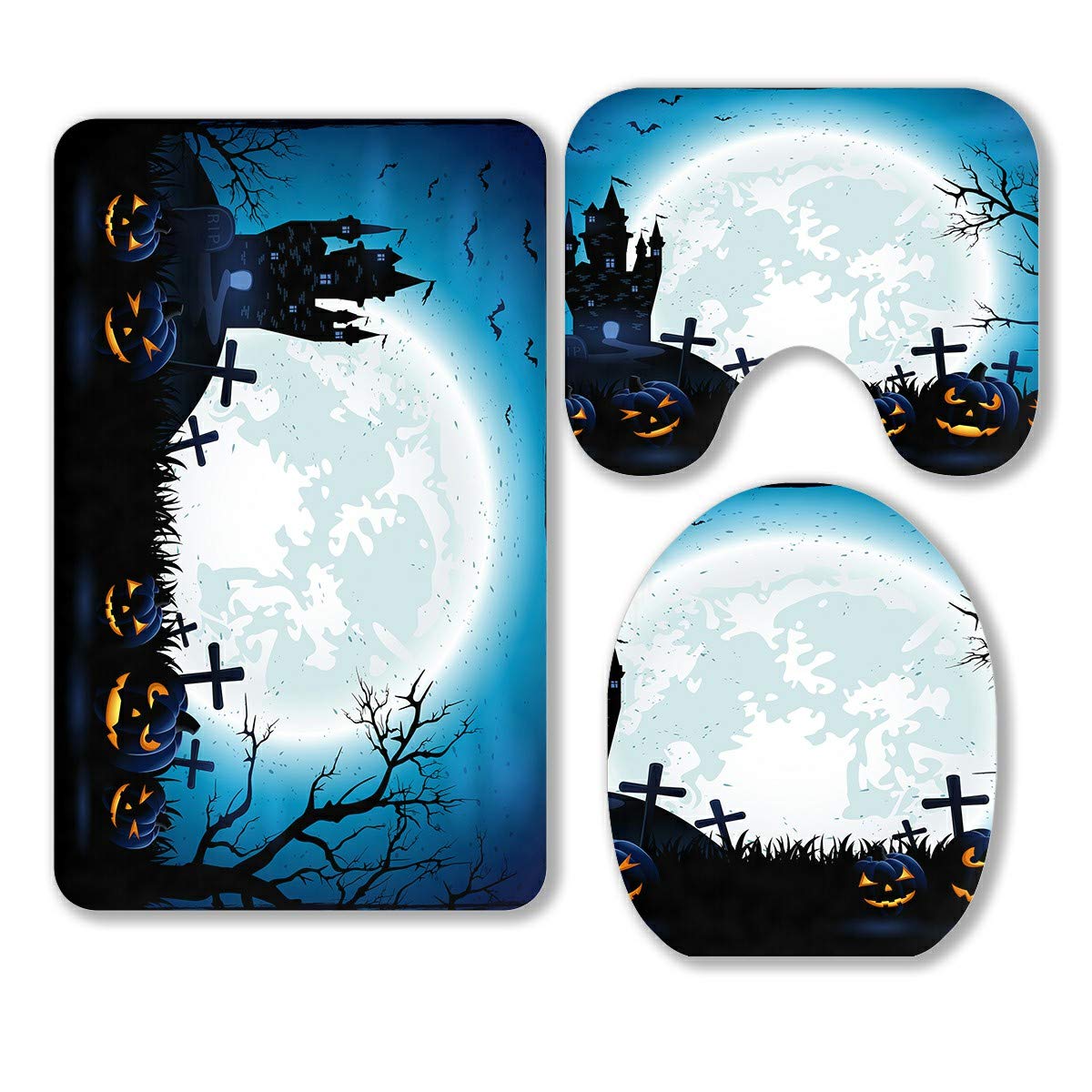 ECZJNT Halloween Pumpkins Dark Castle Blue Moon 3-Piece Bathroom Rug Set - Non-Slip Bath Mat, Contour Mat & Toilet Lid Cover - Spooky Decor for Halloween Bathroom Theme
