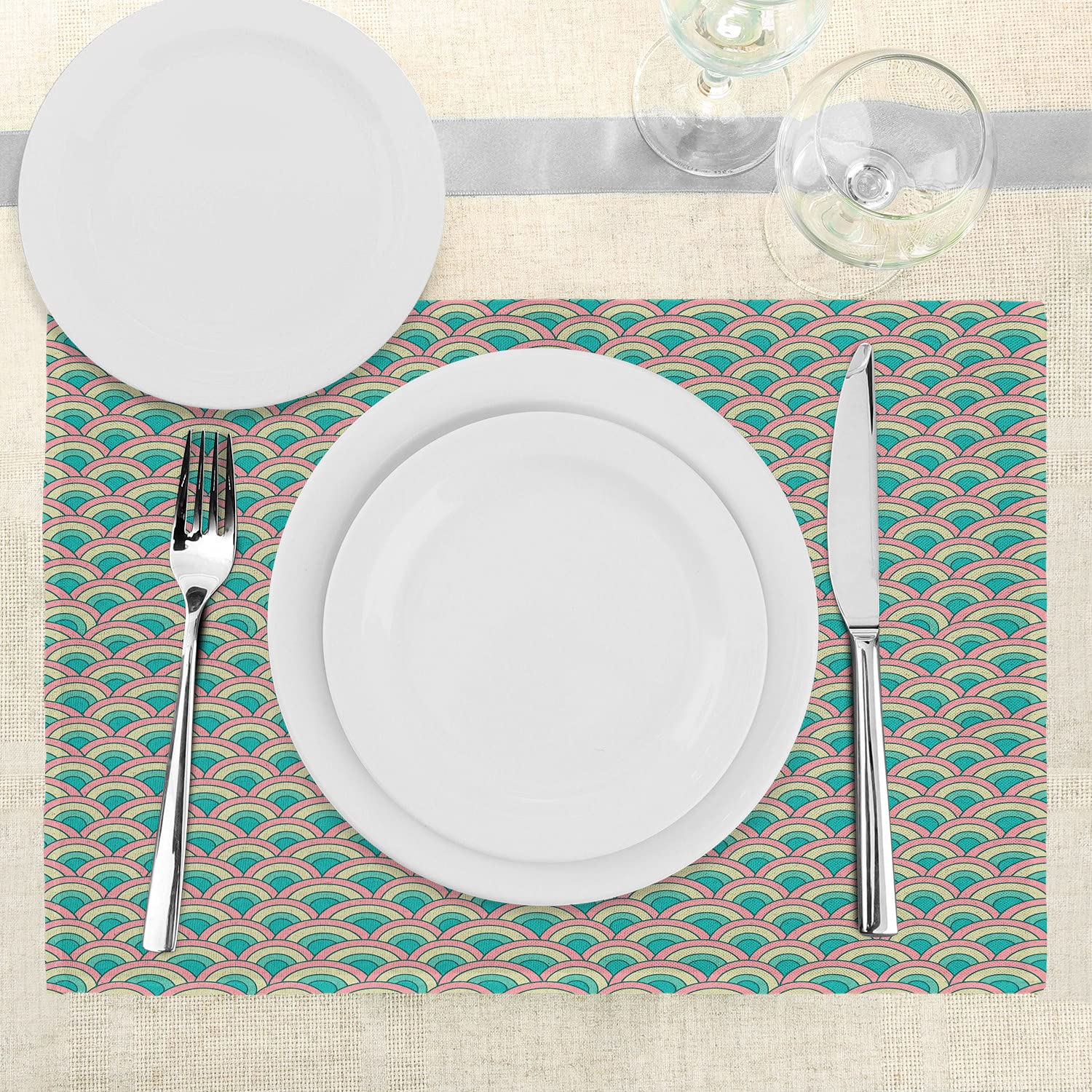 Ambesonne 4-Piece Fish Scale Placemats Set - Abstract Mosaic Geometric Design, Washable Fabric Table Mats for Dining Room & Kitchen Decor in Turquoise, Pale Green & Coral | Perfect for Dinner Parties, Holiday Gatherings & Everyday Use