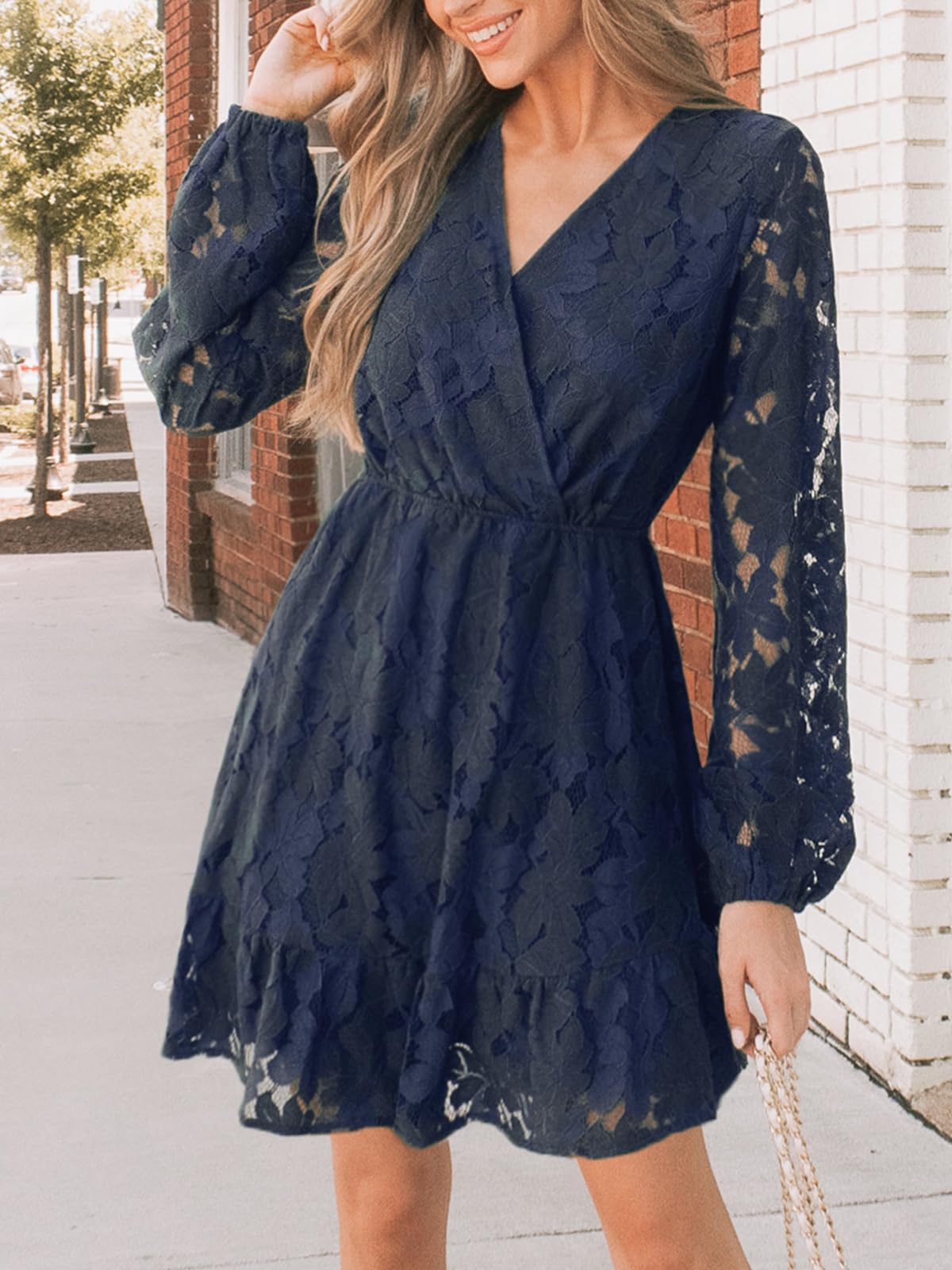 CUPSHE Women's Elegant V-Neck Lace Peasant Sleeve Summer Dress - Elastic High Waist A-Line Mini Dress for Wedding Guest, Beach Vacation & Casual Outings